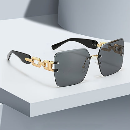 Gold chain link rimless sunglasses for women, a chic and modern accessory providing UV400 sun protection.