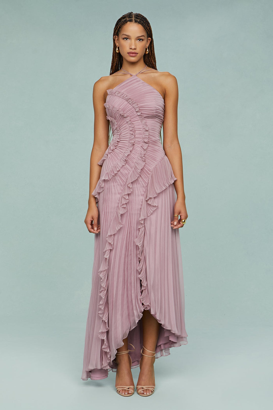 Women's chic ruffle halter maxi dress, perfect for wedding guests & formal occasions.