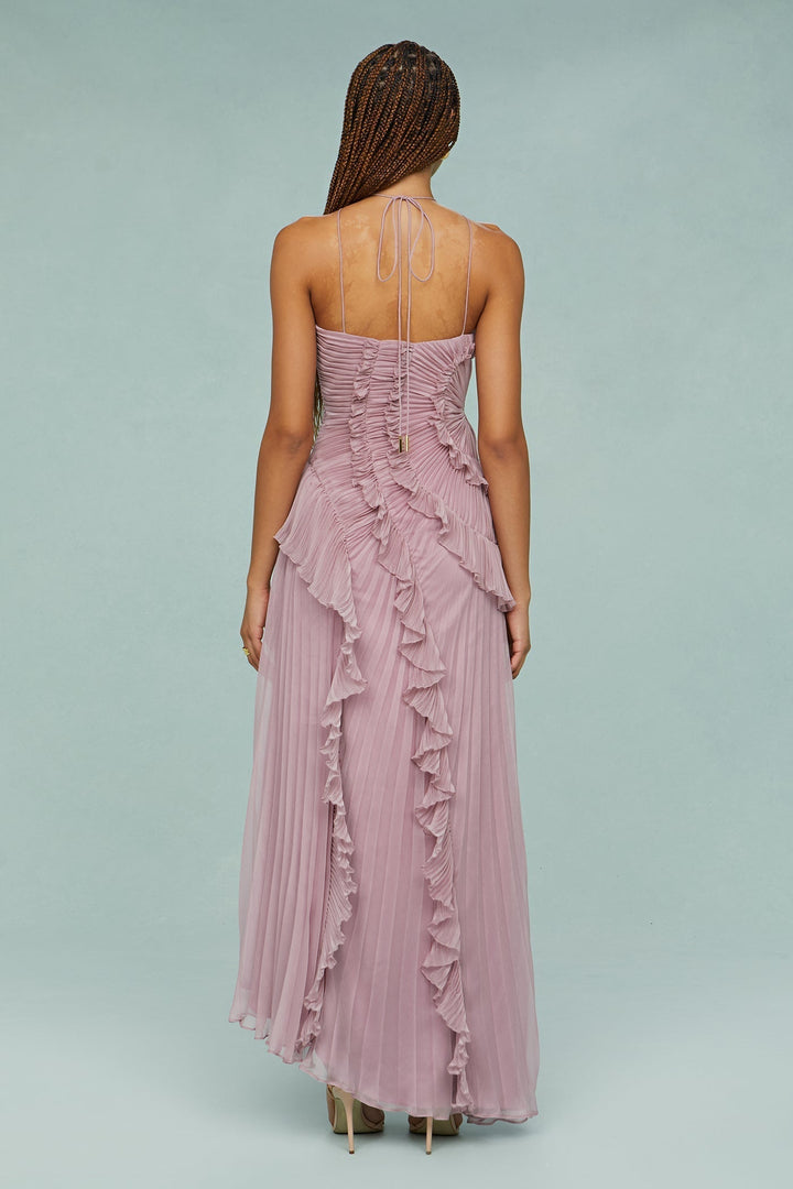 Flowy women's pleated halter maxi dress with stylish ruffles, an elegant evening gown.