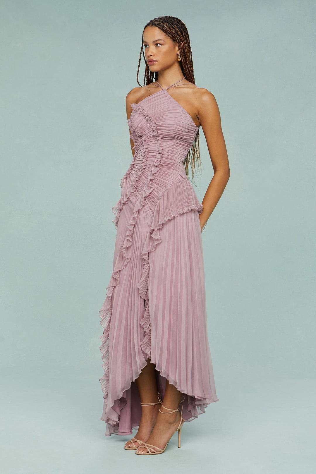 Ruffle halter maxi dress for women, an elegant and chic pleated wedding guest attire.