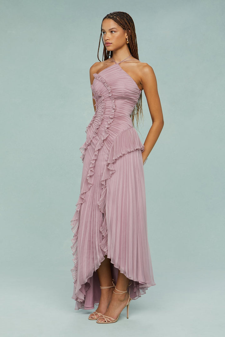 Ruffle halter maxi dress for women, an elegant and chic pleated wedding guest attire.