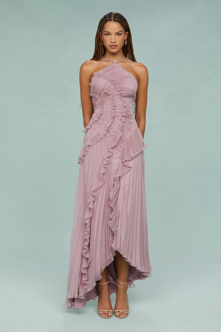 Chic women's pleated maxi dress with ruffle halter neck, elegant formal wear for guests.
