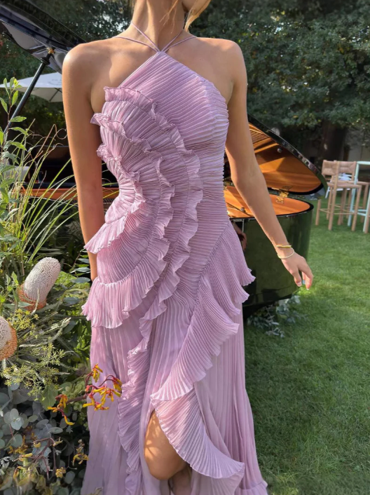 Elegant women's chic ruffle halter maxi dress, a formal evening gown for wedding guests.