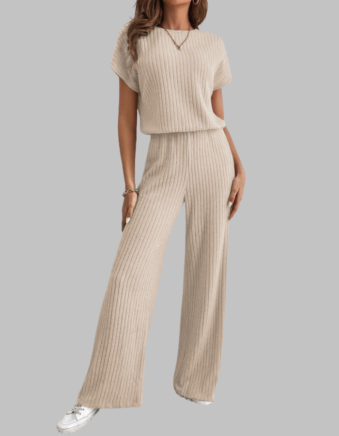 Women's chic short sleeve top & flowy wide leg pants matching set, perfect for summer fashion.