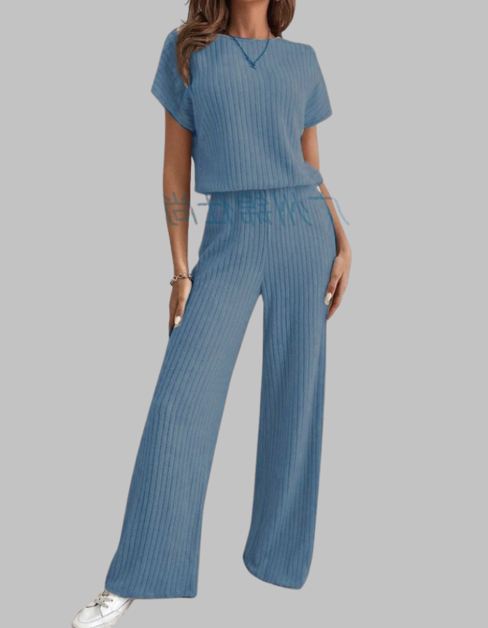 Versatile women's two-piece set featuring a short sleeve top & wide leg pants for spring & summer style.