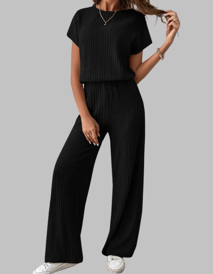 Women's coordinated short sleeve top & wide leg pants set, perfect for a chic and relaxed everyday look.