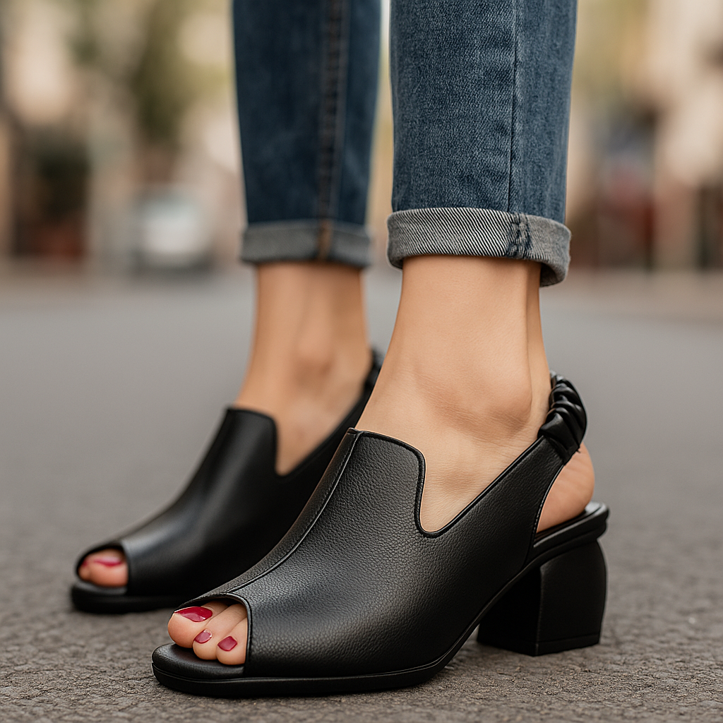 Stylish women's peep toe slingback block heels, comfortable for any elegant occasion.