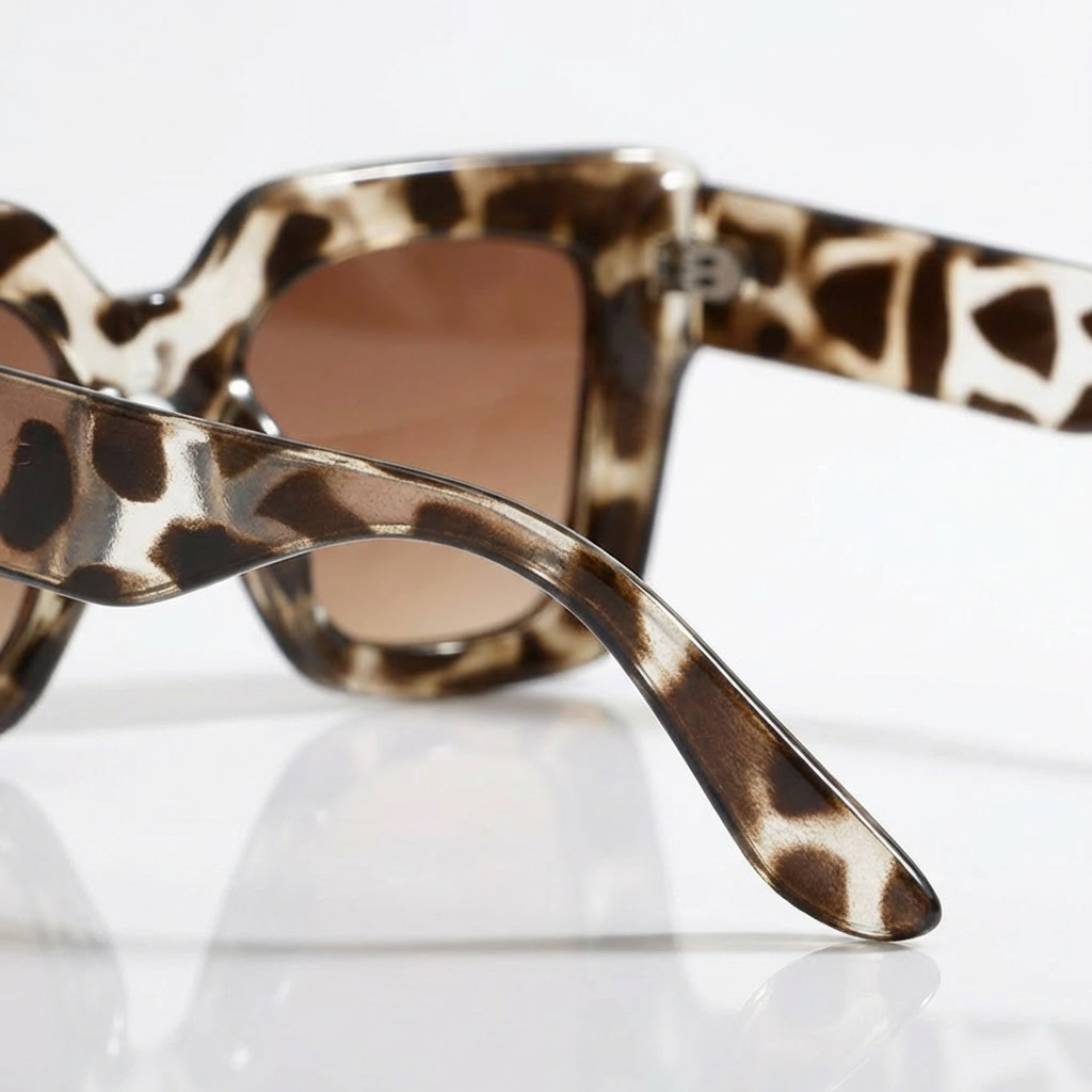Angled view of women's chic square sunglasses, emphasizing the unique square frames and quality finish.