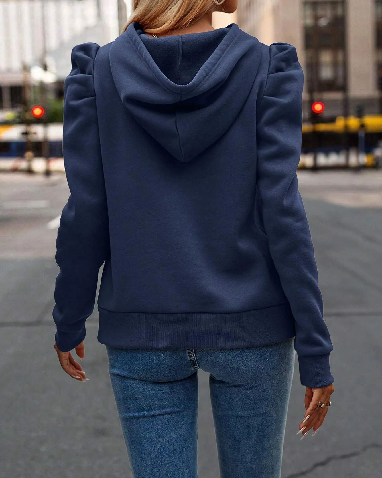 Women's hoodie with modern stacked sleeve design, a chic sweatshirt for versatile everyday fashion.