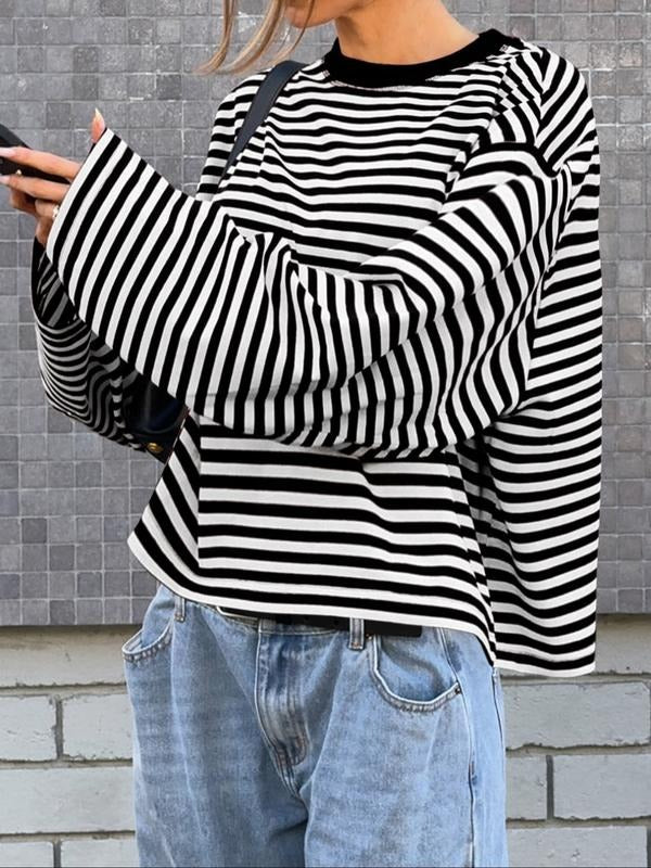 Women's chic striped bell sleeve top. Elegant long sleeve pullover sweater, perfect for casual or dressy occasions.