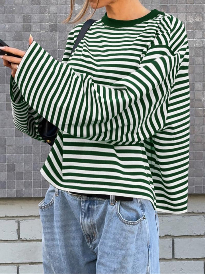 Women's casual striped bell sleeve sweater. Comfortable and chic pullover top with a versatile design.