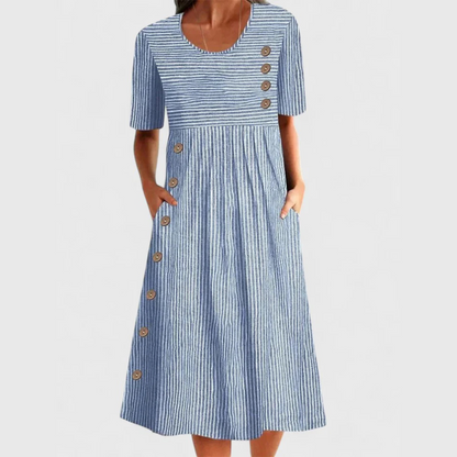 Women's chic striped midi dress with 3/4 sleeves, perfect for versatile everyday wear & summer casual occasions.