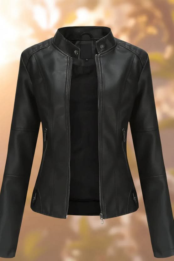 Women's chic structured black leather jacket with a tailored fit, perfect for modern fashion & a polished look.