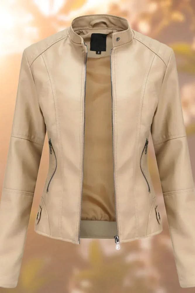 Elegant women's structured leather jacket, a chic layering piece with a tailored fit for versatile modern style.