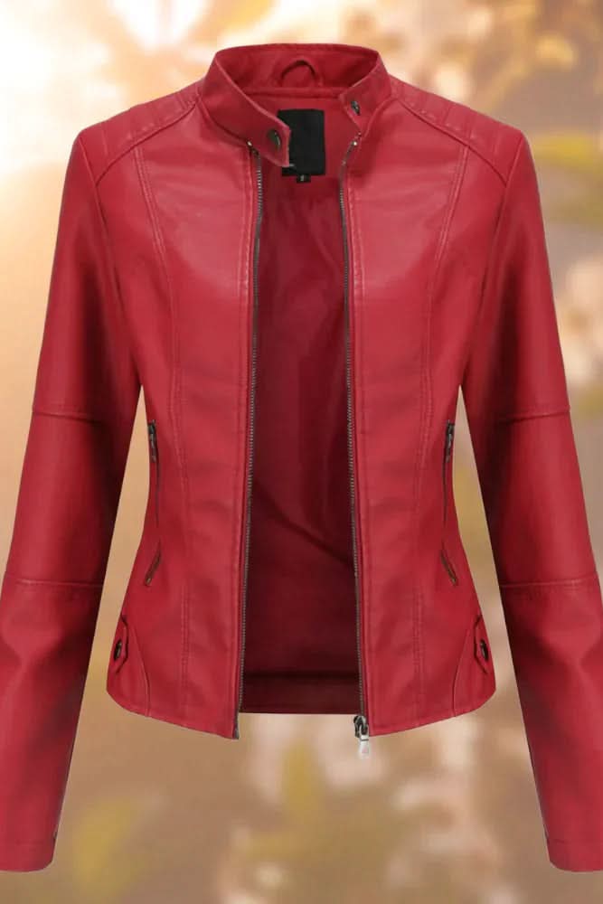 Sleek women's black structured leather jacket. Tailored fit offers a polished, chic look. Perfect for smart casual.