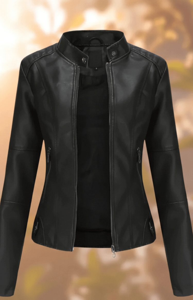 Statement women's structured leather jacket, chic tailored outerwear for modern fashion & everyday elegance.