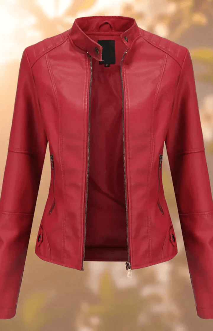 Polished women's structured leather jacket, offering a chic, tailored fit. Versatile outerwear for modern style.