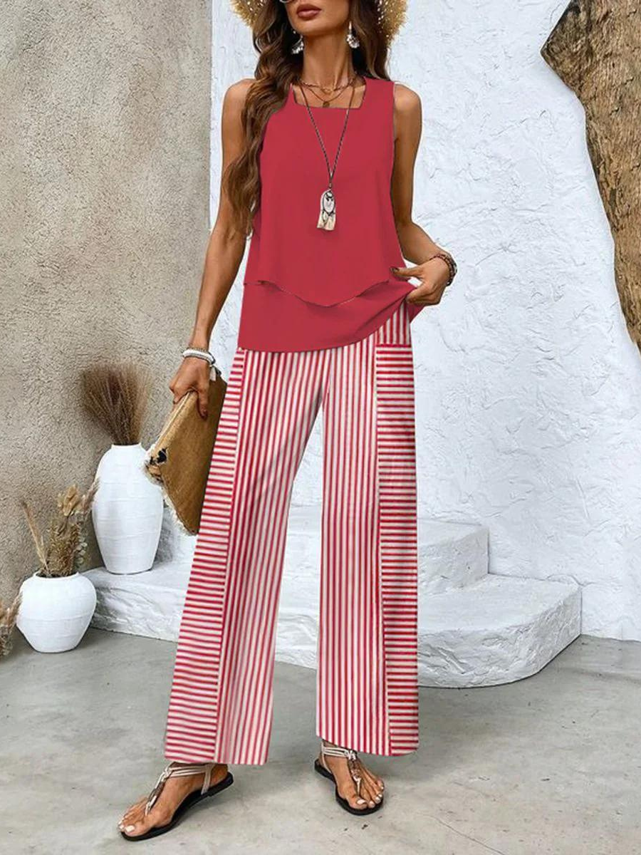 Stylish & comfortable women's two-piece summer set: flowy top and wide-leg pants. Perfect for chic casual look.