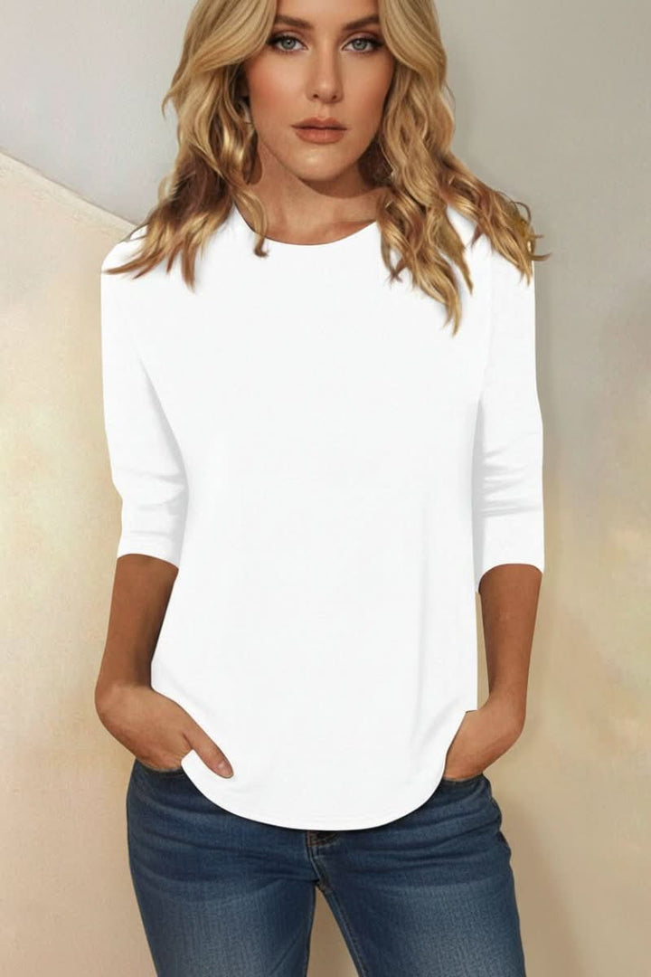 Dressy women's three-quarter sleeve top, a chic and elegant blouse perfect for various occasions.