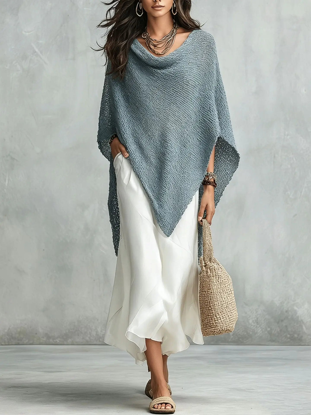 Women's chic two-piece poncho maxi dress set. Effortless, elegant, and versatile for all-season style.