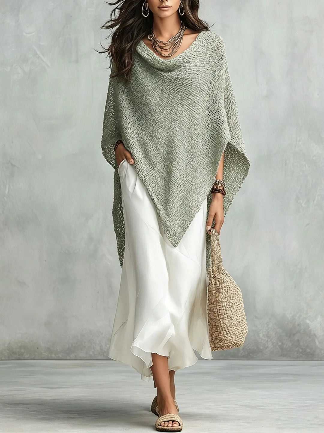 Chic women's two-piece dress set: modern poncho & sleeveless maxi dress. Effortless, all-season fashion.