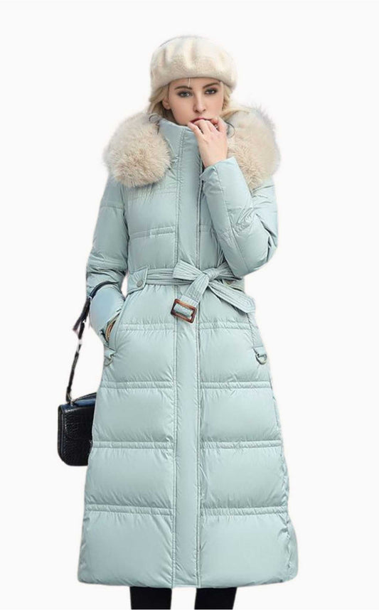 Women's chic winter coat with a stylish removable hood, perfect for elegant cold weather fashion.