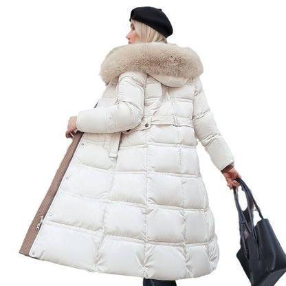 Elegant women's winter coat with a removable hood, ideal for cold weather outerwear and a chic look.