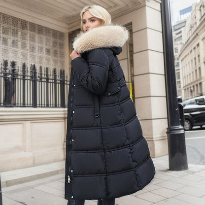 Chic women's winter coat for cold weather, featuring a elegant design and a convenient removable hood.