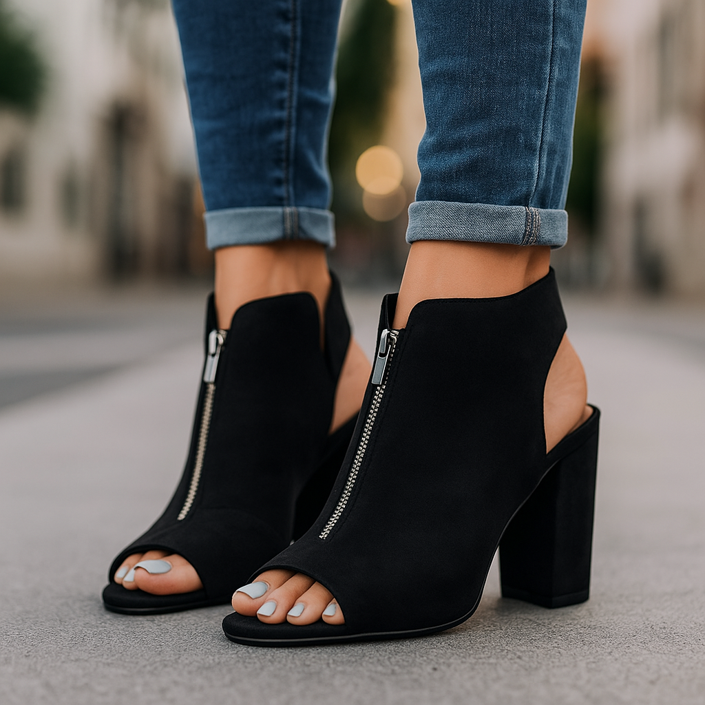 Chic black open-toe block heels with functional side zipper for women's comfort.