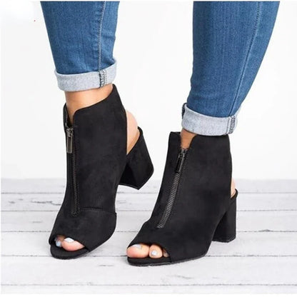 Stylish open-toe block heels for women, featuring a secure and fashionable zip closure.