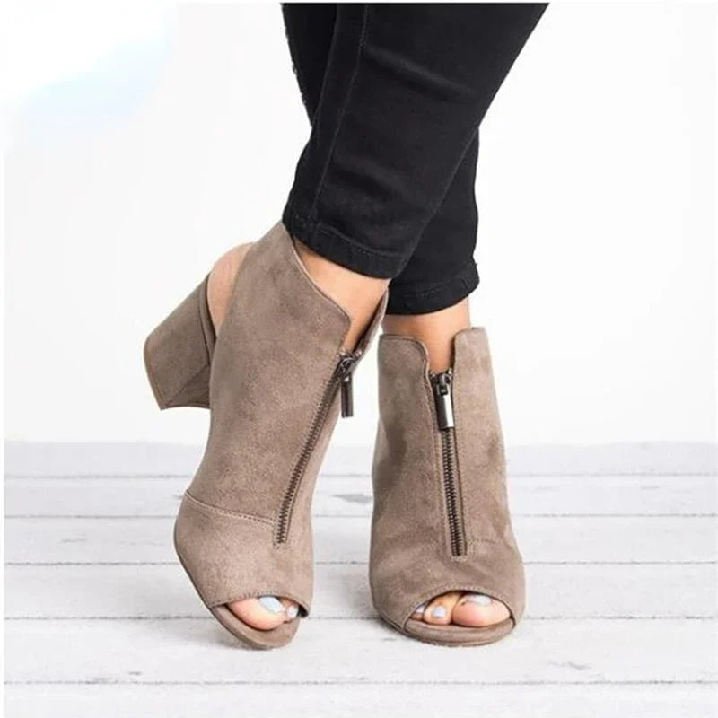 Contemporary women's zip block heels, offering comfort & chic style for all-day wear.