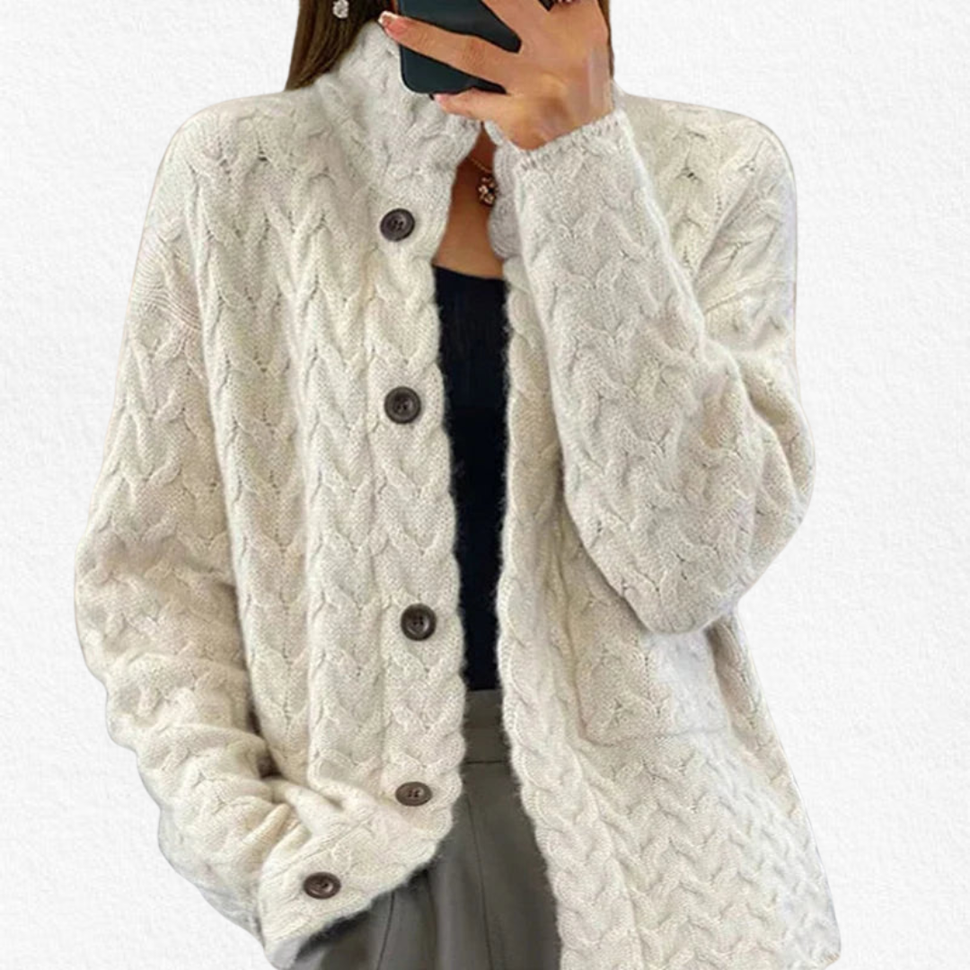 Women's chunky cable knit cardigan with button-front closure, perfect for cozy fall & winter layering. Chic comfort.