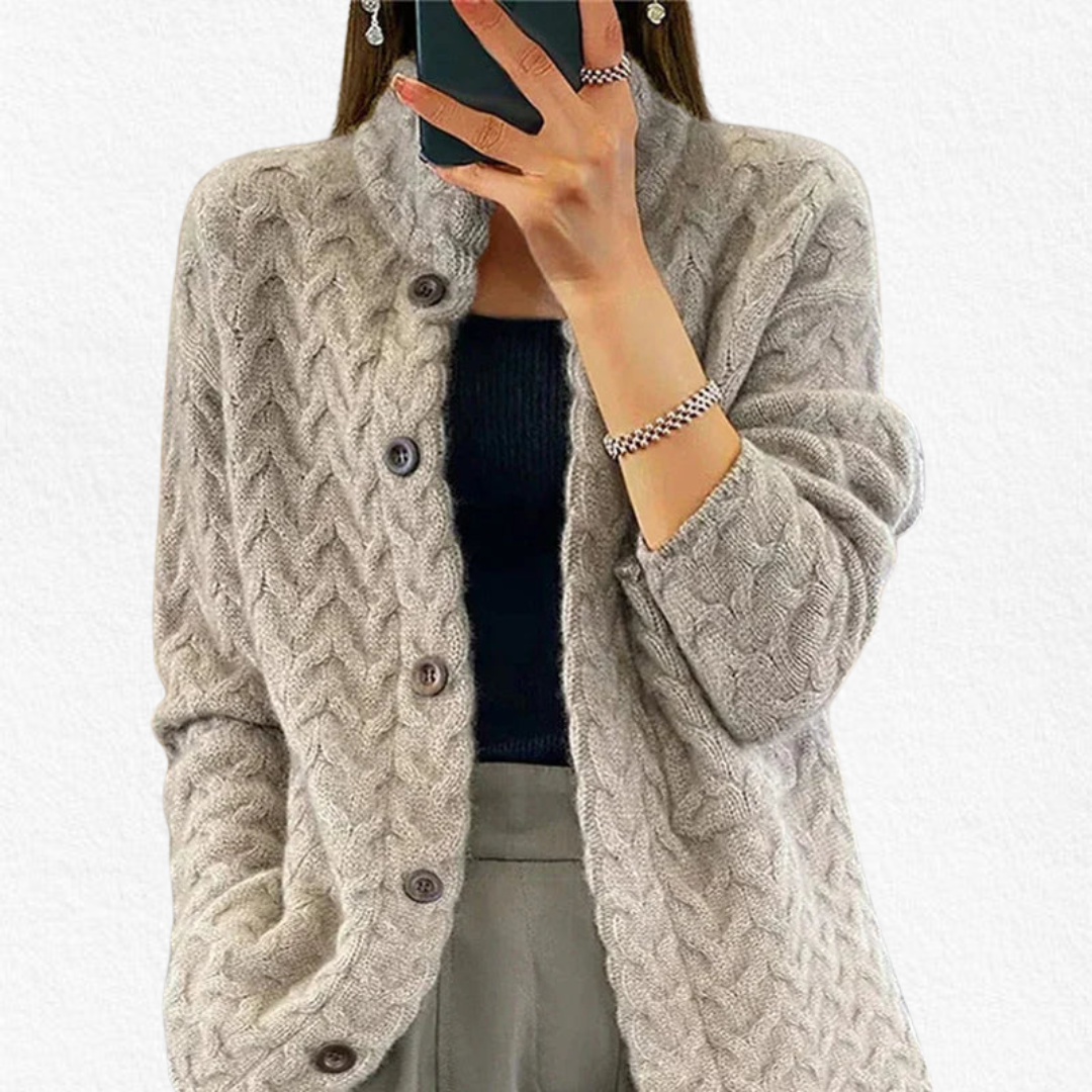 Relaxed fit women's chunky cable knit cardigan, a cozy button-front sweater for everyday fall & winter style.