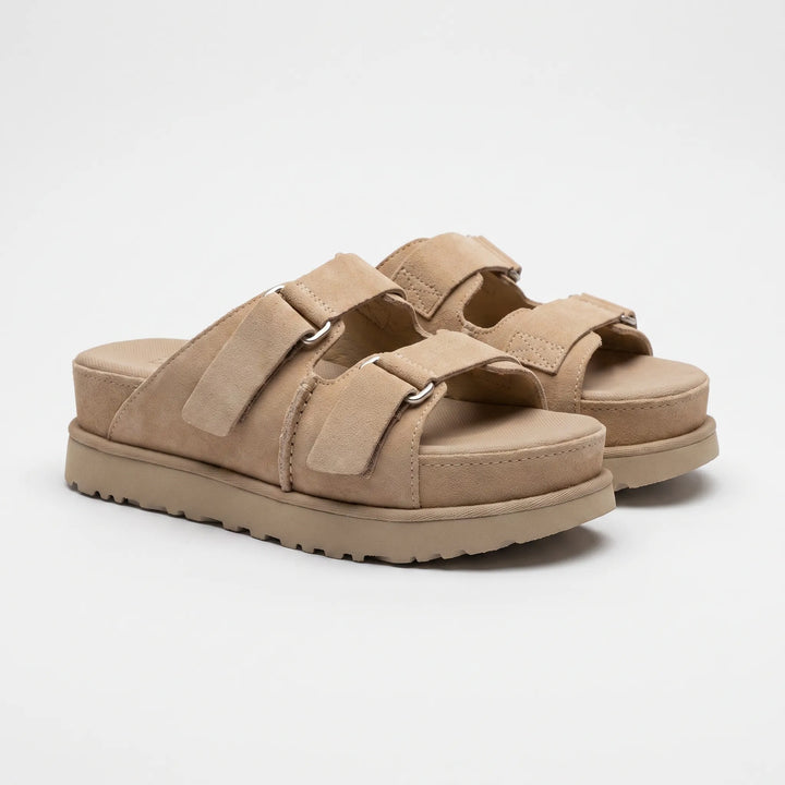 View of women's chunky platform sandals in brown/khaki, featuring adjustable straps and a comfortable 2.4-inch heel.