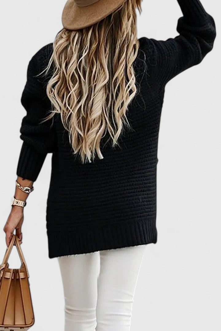 Women's chunky ribbed mock neck sweater. Cozy, stylish, oversized for fall & winter fashion.
