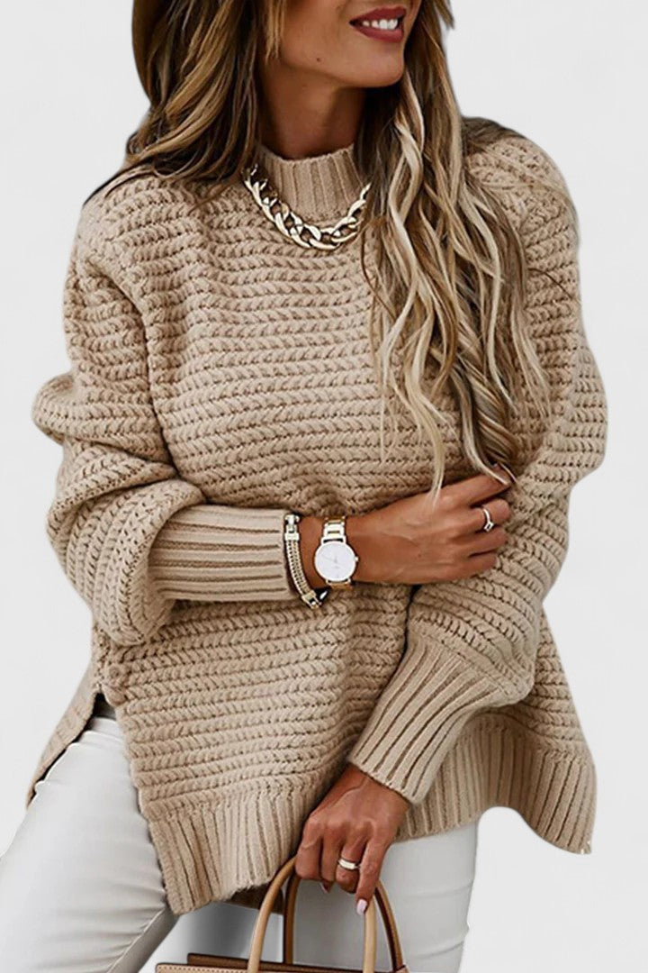 Stylish women's chunky sweater with a mock neck & ribbed texture. Perfect for everyday fall comfort.