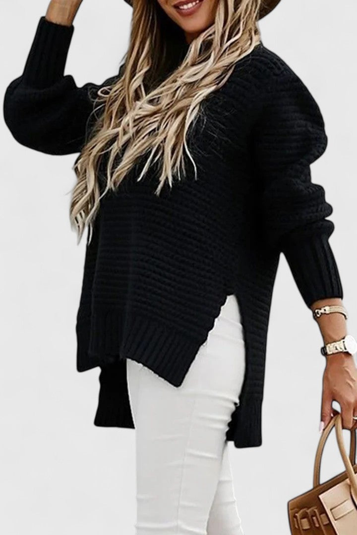 Cozy women's ribbed mock neck sweater. Warm, oversized knit for comfortable winter fashion.