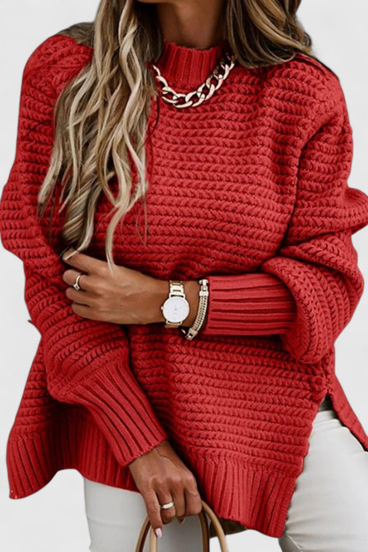 Women's comfortable chunky ribbed sweater. Mock neck, oversized fit for cozy fall and winter outfits.