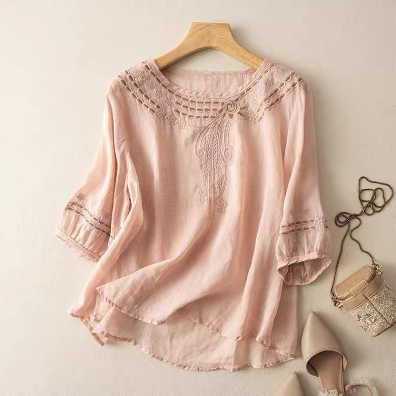 Mustard Claire embroidered flowy blouse with delicate detailing, a comfortable women's top for casual elegance.