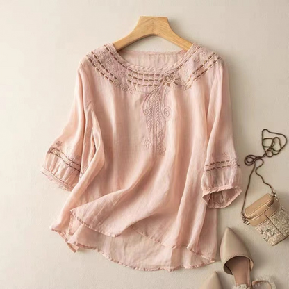 Mustard Claire embroidered flowy blouse with delicate detailing, a comfortable women's top for casual elegance.