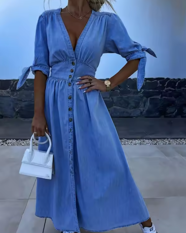 Women's classic A-line button dress with short sleeves, perfect for effortless comfort and everyday style.
