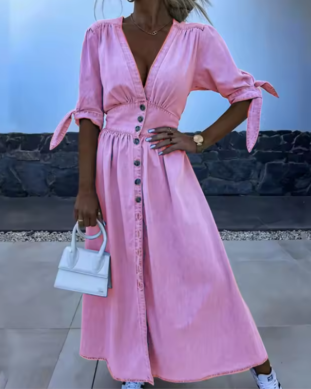 Front view of a women's A-line button dress, showcasing its effortless comfort and classic summer style.
