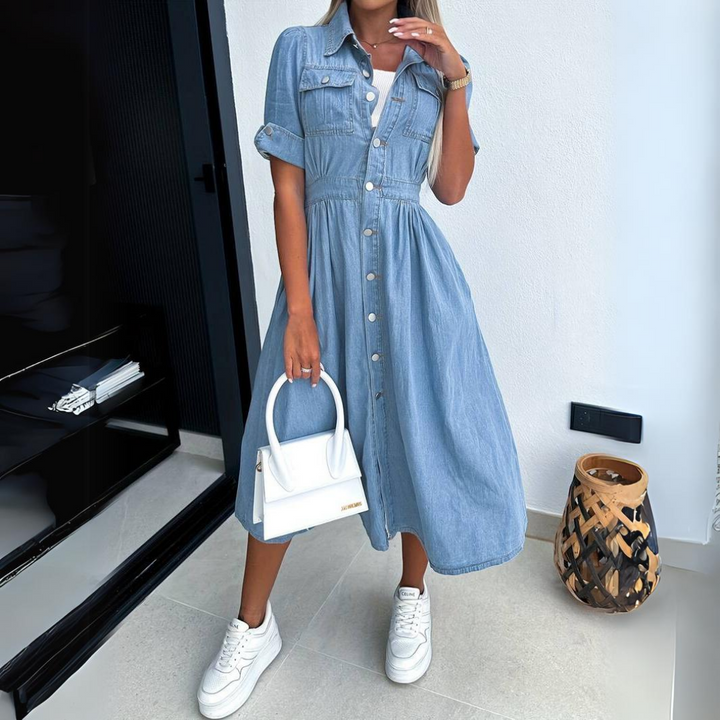 Women's classic blue button-up midi dress with short sleeves. Perfect for spring fashion & everyday wear.