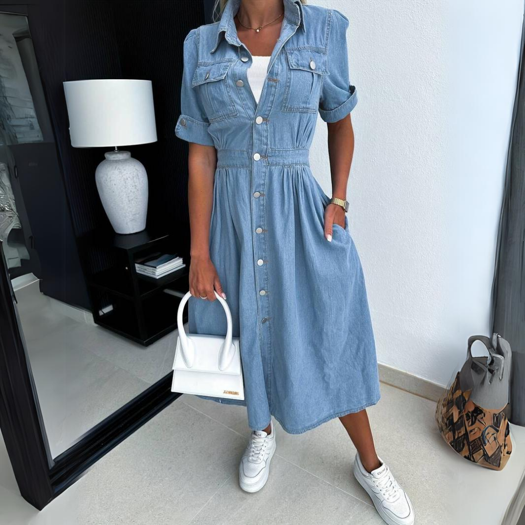 Versatile women's short sleeve midi dress. Blue, button-up design for casual spring fashion & sophisticated everyday wear.