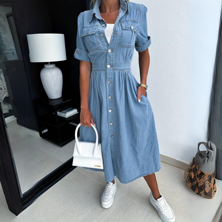Versatile women's short sleeve midi dress. Blue, button-up design for casual spring fashion & sophisticated everyday wear.