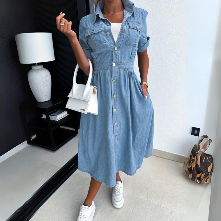 Flattering women's blue midi dress. Classic button-up, short sleeve style for versatile casual spring & everyday outfits.