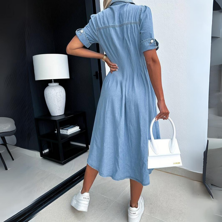 Everyday women's blue midi dress. Classic short sleeve button-up, versatile for casual wear & spring fashion.