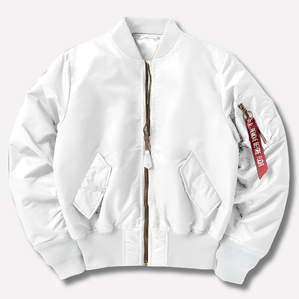 Stylish women's classic bomber jacket. Hip-length design, perfect versatile outerwear for fashion.