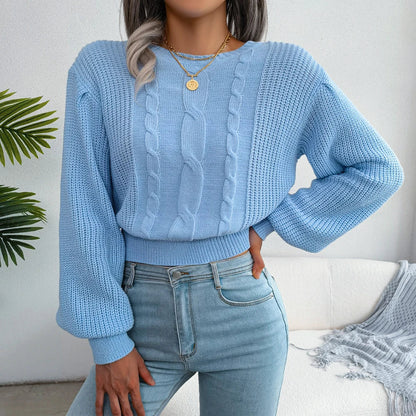 Sky blue women's cable knit sweater with a classic design & cozy oversized fit. Perfect long sleeve top for casual wear.