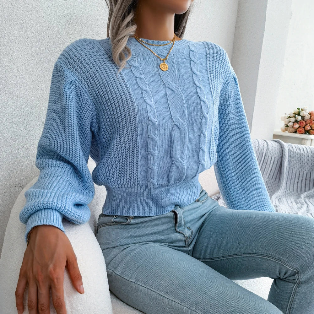 Khaki women's classic cable knit sweater. Cozy & stylish long sleeve top for comfortable fall and winter outfits.